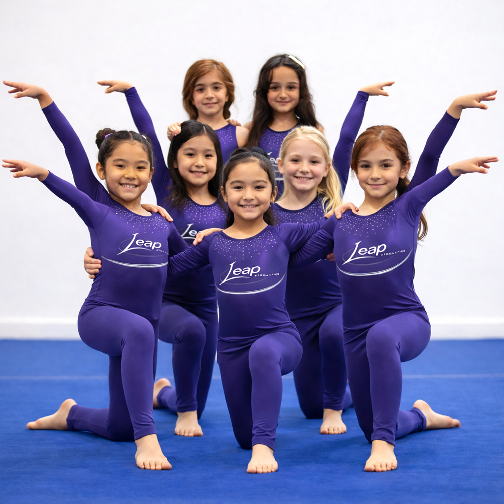 Group of young Leap Gymnastics athletes in branded purple leotards posing together on the gym floor