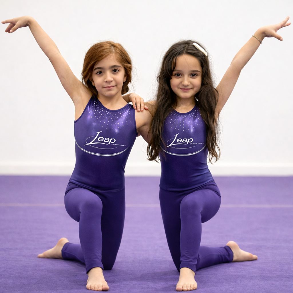 Two young Leap Gymnastics athletes in branded leotards posing together on the gym floor