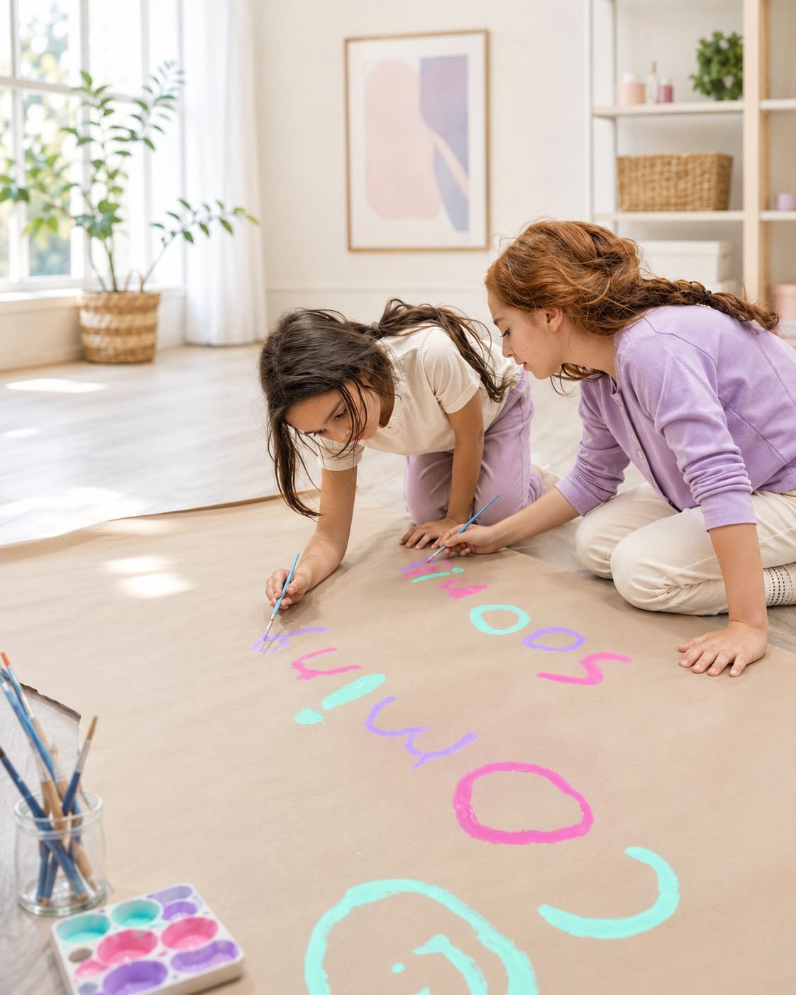 Two children painting together in a bright studio